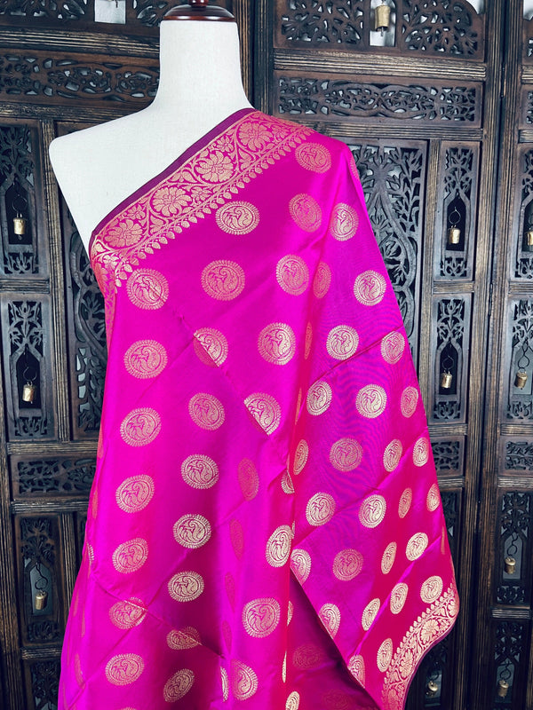 Magenta Pink Banarasi Silk Chakra Designer Dupatta with black color tassels on the ends | Light Weight Dupatta | Benarasi Dupatta - Kaash Collection