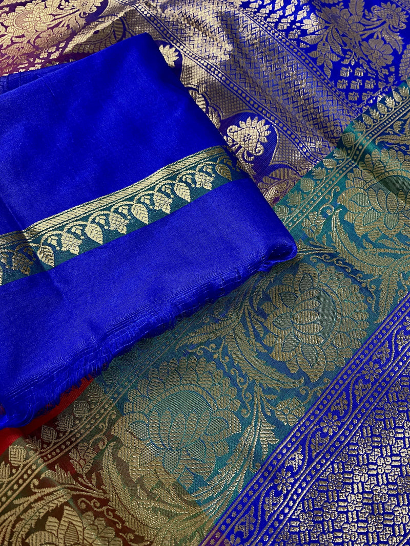 Deep Red, green and blue Banarasi Silk Saree Floral design with grand pallu | Zari Weave work | Kaash Collection - Kaash Collection
