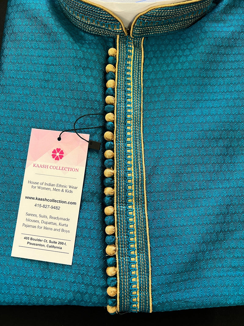 Teal Floral Self embroidered Kurta Pajama for Men | Raw Silk | Mens Ethnic Wear | Kurtas for Men | Kurta for Wedding | Groomsmen Kurtas - Kaash