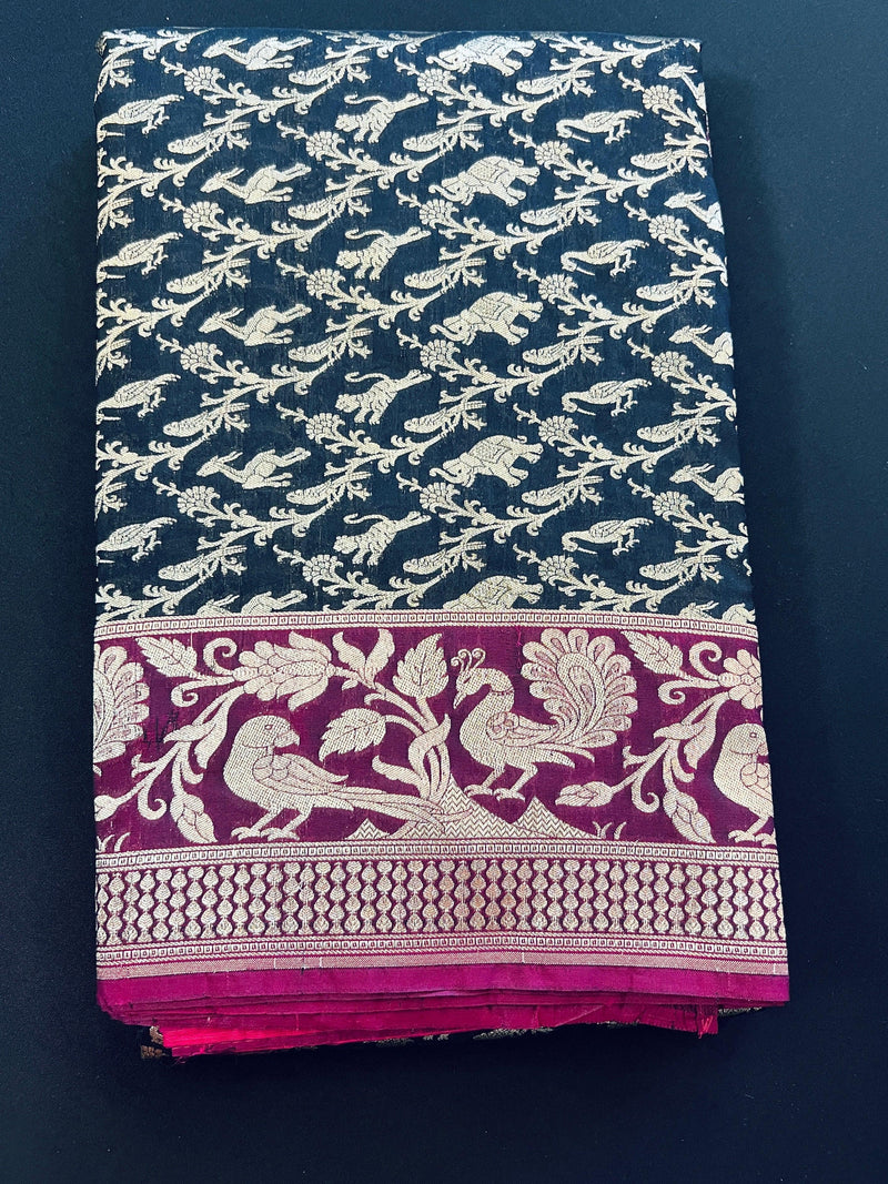 Black with Magenta and Hot Pink combination Banarasi Silk Shikargah Saree in Zari Weave Work | Shikargah Sarees - Kaash