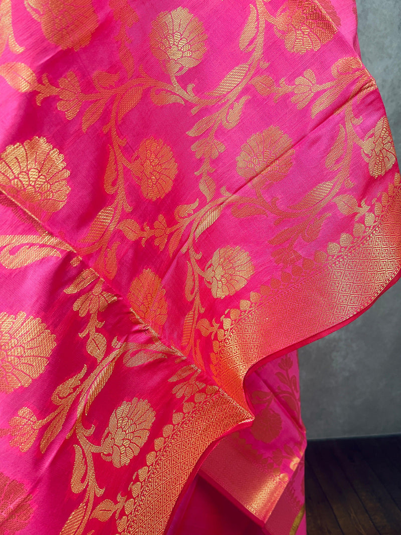 Pink Silk Soft Silk Light Weight Dupatta with Gold Floral design | Indian Dupatta | Silk Dupatta | Stole | Scarf | Gift For Her| Kaash - Kaash Collection