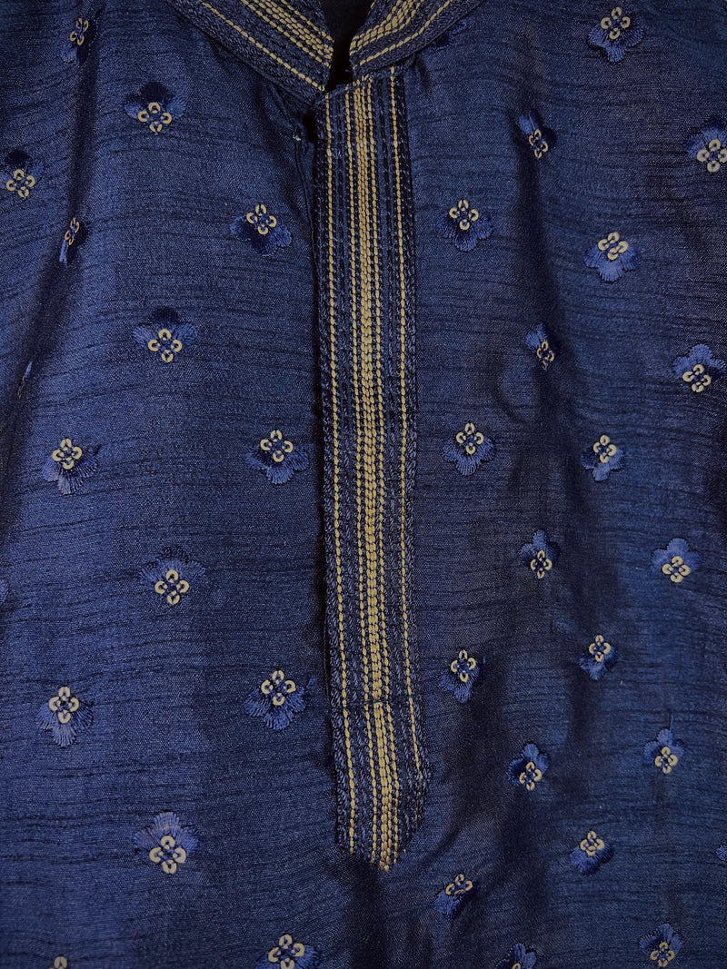 Boys Raw Silk Dark Blue Kurta Pajama Set with Embroidery and Sequence Work | Kids Festive Wear | Kids Wear | Boys Ethnic Wear | Kids Wear - Kaash Collection