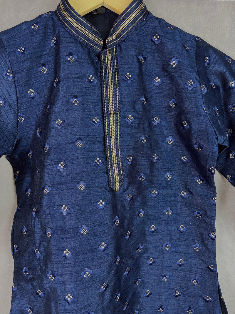 Boys Raw Silk Dark Blue Kurta Pajama Set with Embroidery and Sequence Work | Kids Festive Wear | Kids Wear | Boys Ethnic Wear | Kids Wear - Kaash Collection