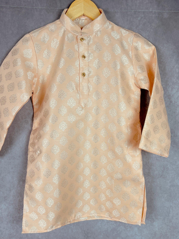 Light Peach Boys Kurta Pajama Set with Floral Butta Weaving design | Boys Wedding Wear Kurta Sets | Kurta Pajama for Boys | Kids Indian Wear - Kaash Collection