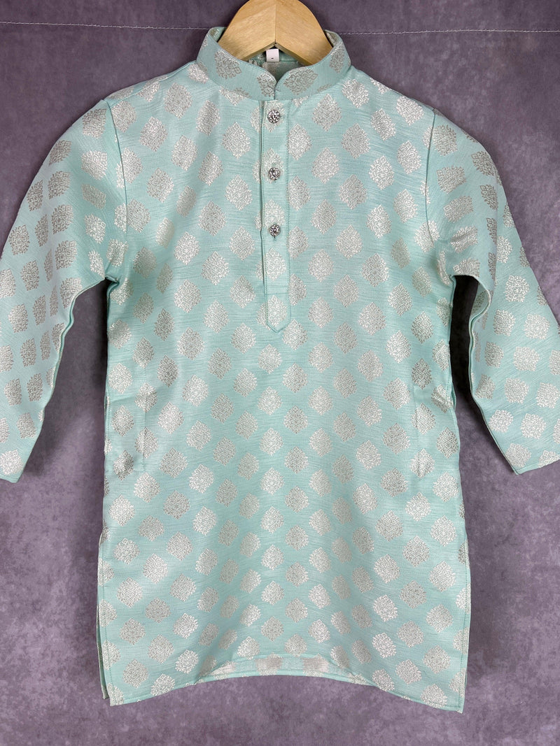 Sea Green Boys Kurta Pajama Set with Floral Butta Weaving design | Boys Wedding Wear Kurta Sets | Kurta Pajama for Boys | Kids Indian Wear - Kaash Collection