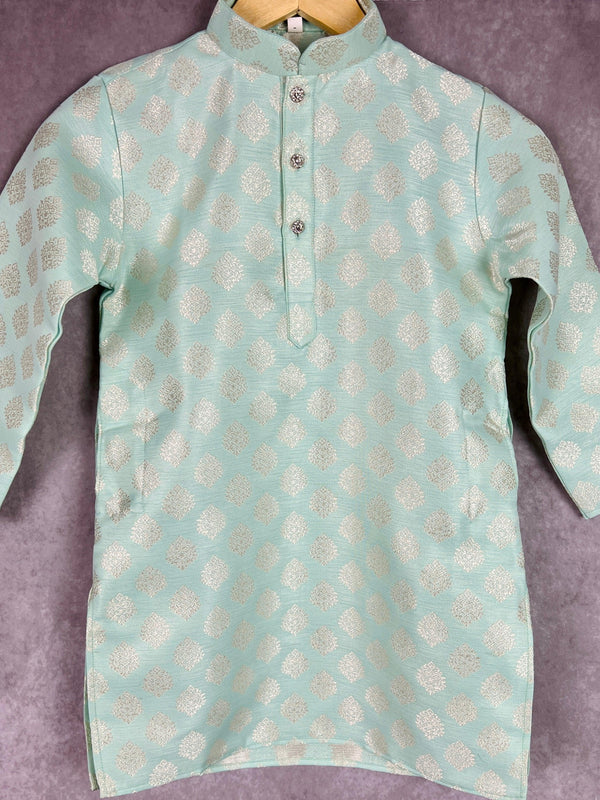 Sea Green Boys Kurta Pajama Set with Floral Butta Weaving design | Boys Wedding Wear Kurta Sets | Kurta Pajama for Boys | Kids Indian Wear - Kaash Collection