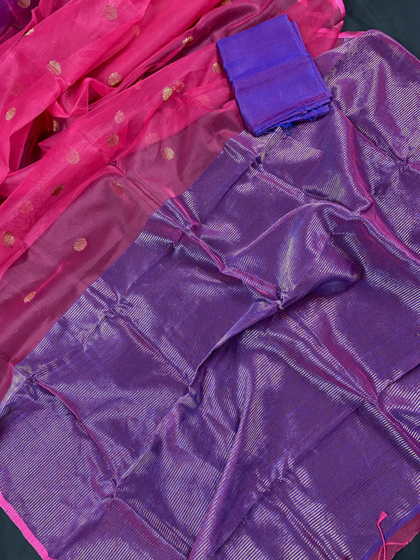 Purple with Pink Half N Half Bengali Matka Muslin Jamdani Saree | Traditional Bengali Saree | Sarees in USA | Kaash Collection - Kaash Collection