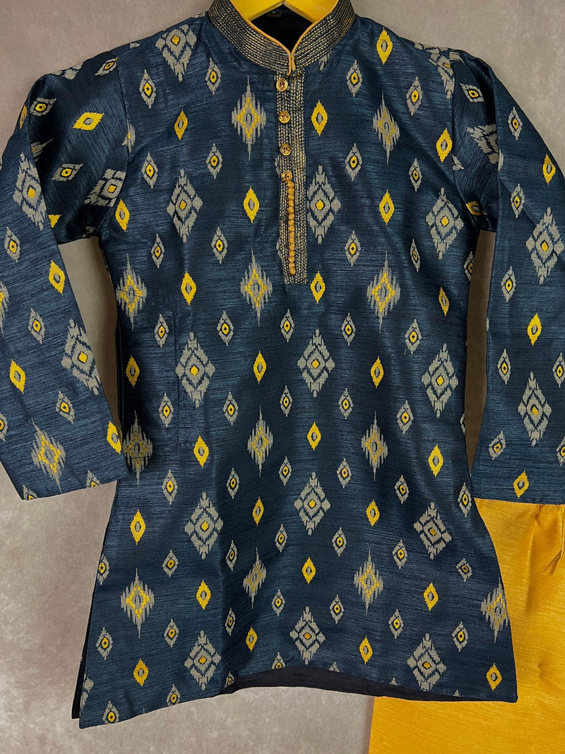 Boys Kurta Pajama Set in Dark Blue Color with Ikkat Prints | Raw Silk material with Cotton Lining  | Kurta Pajama for Boys | Indian Wear - Kaash Collection