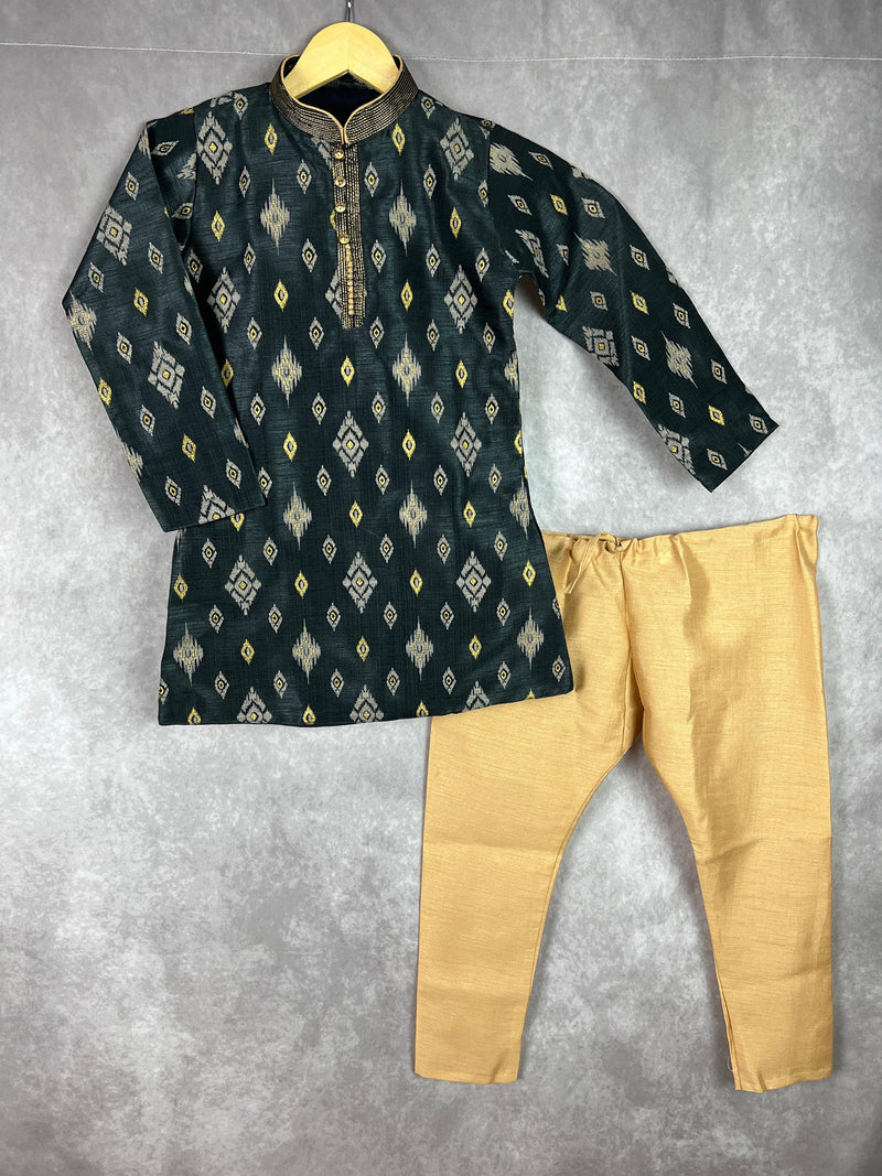 Boys Kurta Pajama Set in Charcoal Grey Color with Ikkat Prints | Raw Silk material with Cotton Lining  | Kurta Pajama for Boys | Indian Wear - Kaash Collection