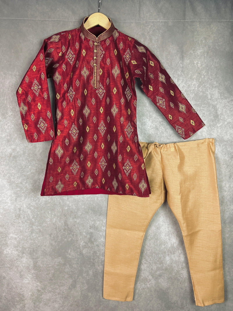 Boys Kurta Pajama Set in Maroon Color with Ikkat Prints | Raw Silk material with Cotton Lining | Kurta Pajama for Boys | Indian Kids Wear - Kaash Collection
