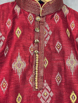 Boys Kurta Pajama Set in Maroon Color with Ikkat Prints | Raw Silk material with Cotton Lining | Kurta Pajama for Boys | Indian Kids Wear - Kaash Collection