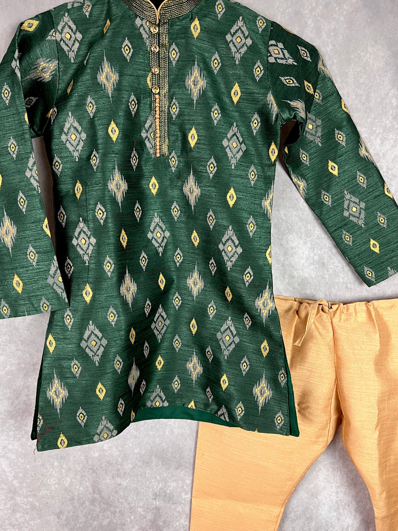 Boys Kurta Pajama Set in Bottle Green Color with Ikkat Prints | Raw Silk material with Cotton Lining | Kurta Pajama for Boys | Indian Boys Wear - Kaash Collection