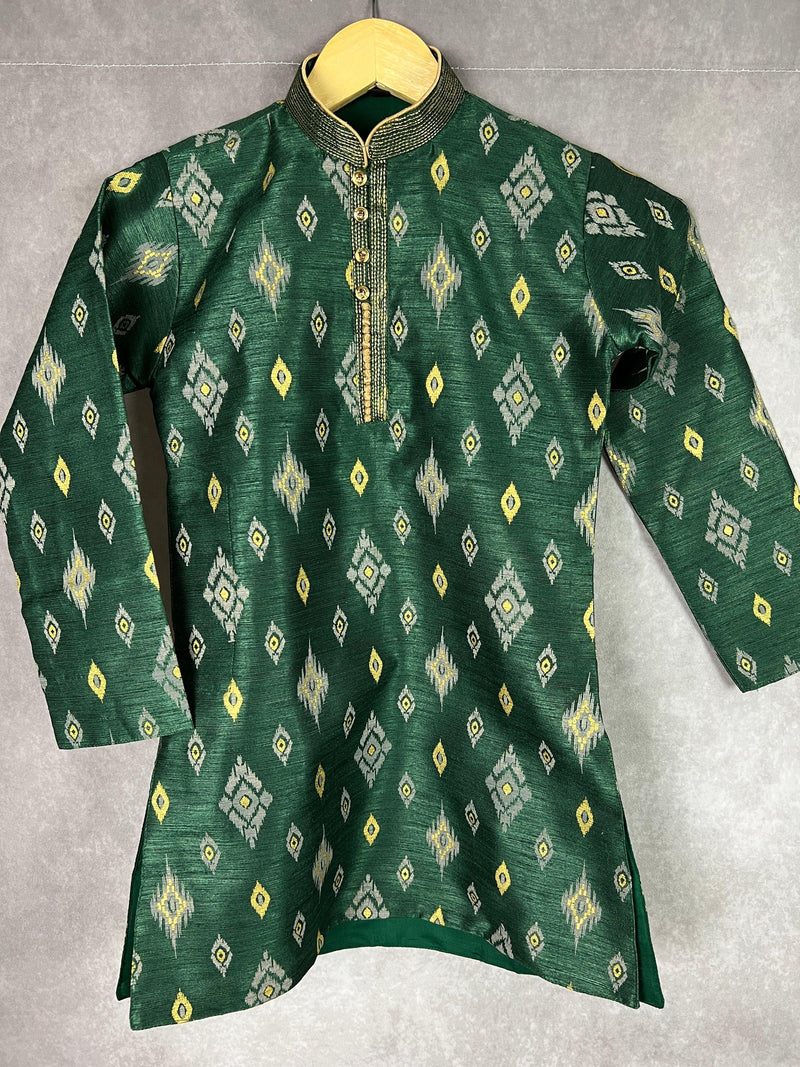 Boys Kurta Pajama Set in Bottle Green Color with Ikkat Prints | Raw Silk material with Cotton Lining | Kurta Pajama for Boys | Indian Boys Wear - Kaash Collection