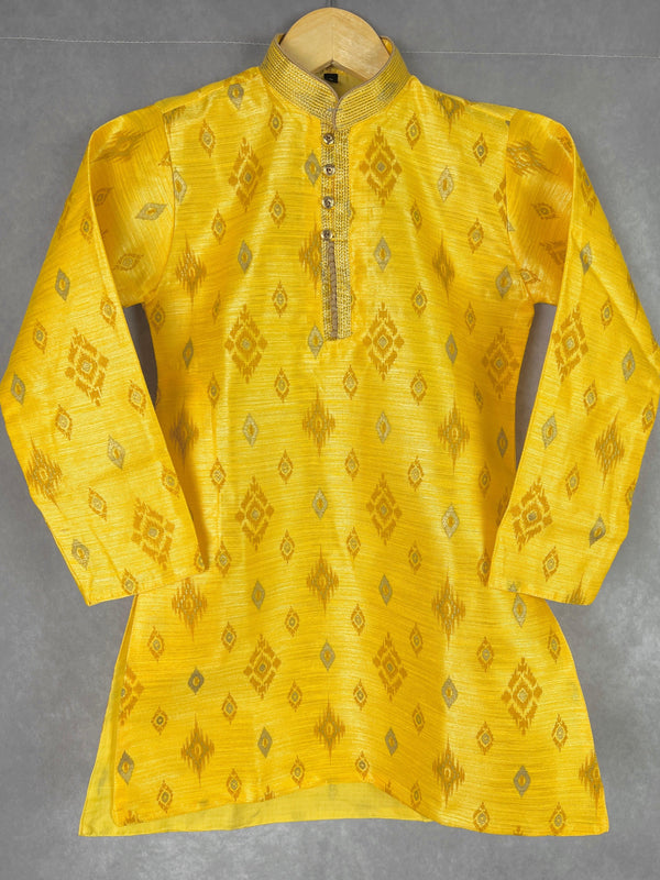 Boys Kurta Pajama Set in Yellow Color with Ikkat Prints | Raw Silk material with Cotton Lining  | Kurta Pajama for Boys | Indian Kids Wear - Kaash Collection