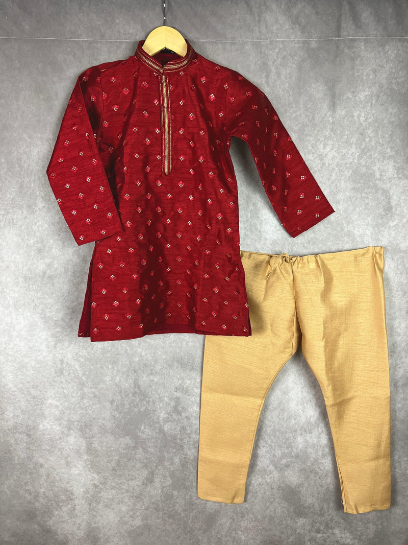 Boys Raw Silk Red Maroon Kurta Pajama Set with Embroidery and Sequence Work | Kids Festive Wear | Kids Wear | Boys Ethnic Wear | Kids Wear - Kaash Collection