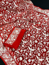 Red Parsi Gara Pure Kora Organza Saree | Parsi Gara Saree | Red Color Saree | Kora Saree | Kaash Collection - Kaash Collection