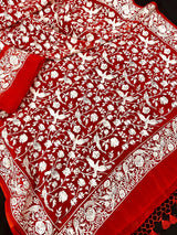 Red Parsi Gara Pure Kora Organza Saree | Parsi Gara Saree | Red Color Saree | Kora Saree | Kaash Collection - Kaash Collection