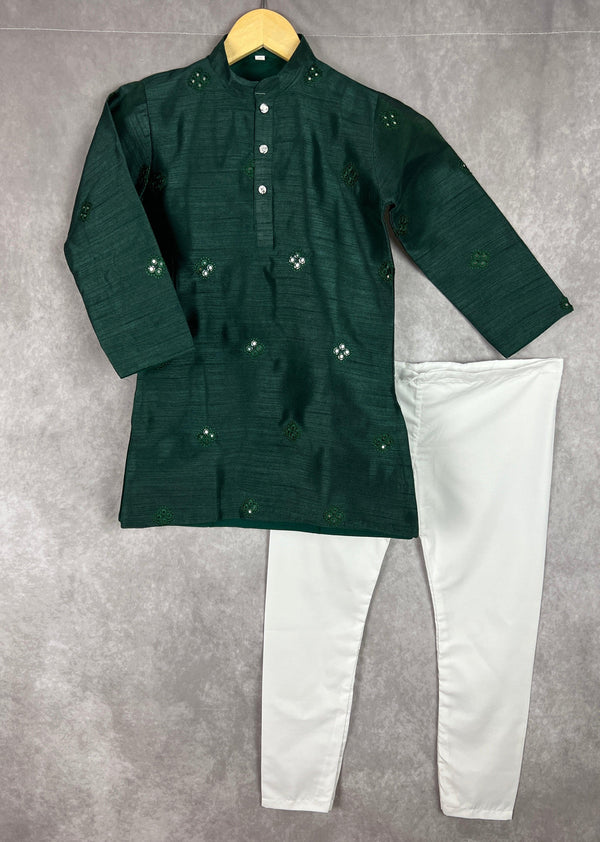 Bottle Green Boys Kurta Pajama Set in Soft Raw Silk with Lining | Embroidery Work | Boys Wedding Wear Kurta Sets | Kurta Pajama for Boys - Kaash Collection