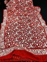 Red Parsi Gara Pure Kora Organza Saree | Parsi Gara Saree | Red Color Saree | Kora Saree | Kaash Collection - Kaash Collection