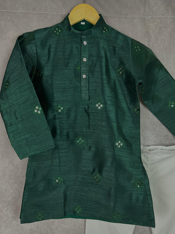 Bottle Green Boys Kurta Pajama Set in Soft Raw Silk with Lining | Embroidery Work | Boys Wedding Wear Kurta Sets | Kurta Pajama for Boys - Kaash Collection