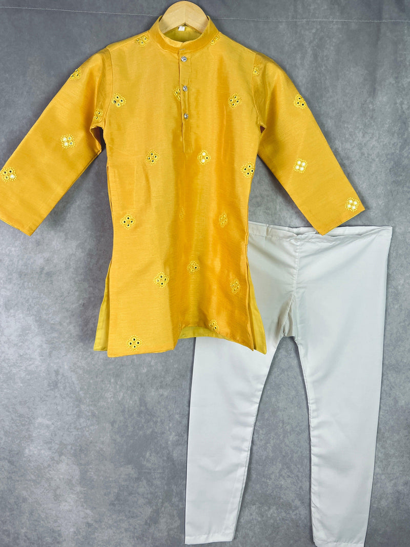 Mustard Yellow Boys Kurta Pajama Set in Soft Raw Silk with Lining | Embroidery Work | Boys Wedding Wear Kurta Sets | Kurta Pajama for Boys - Kaash Collection
