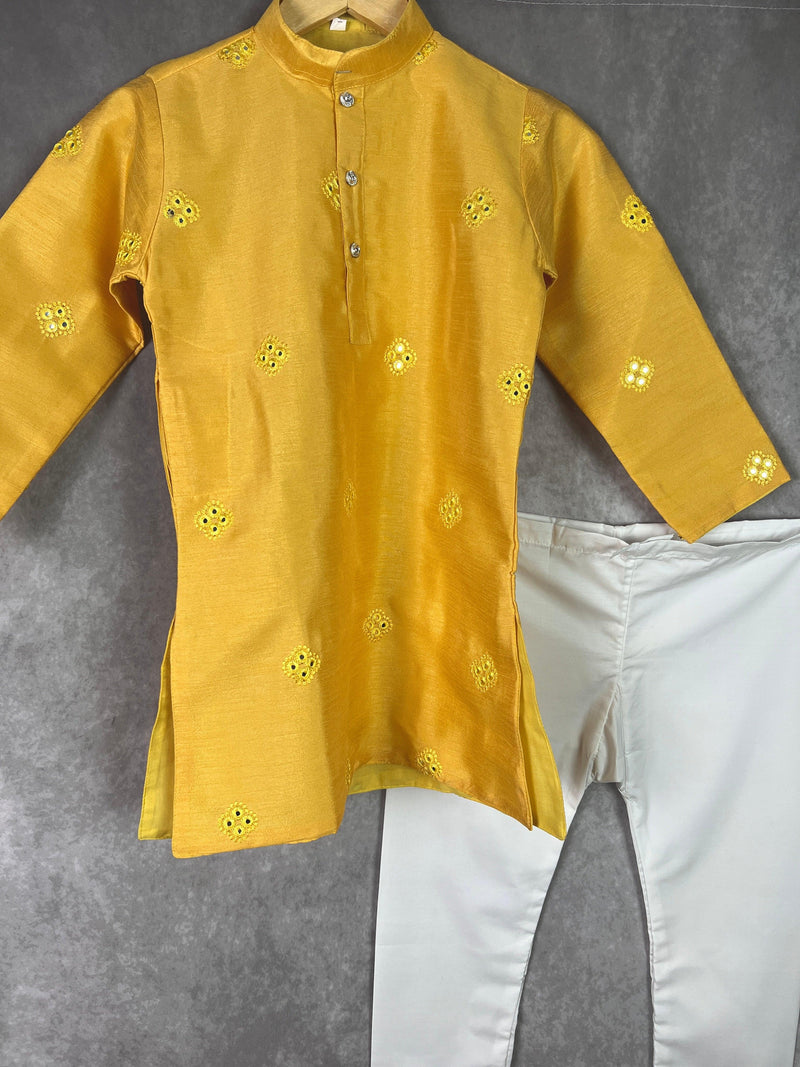 Mustard Yellow Boys Kurta Pajama Set in Soft Raw Silk with Lining | Embroidery Work | Boys Wedding Wear Kurta Sets | Kurta Pajama for Boys - Kaash Collection