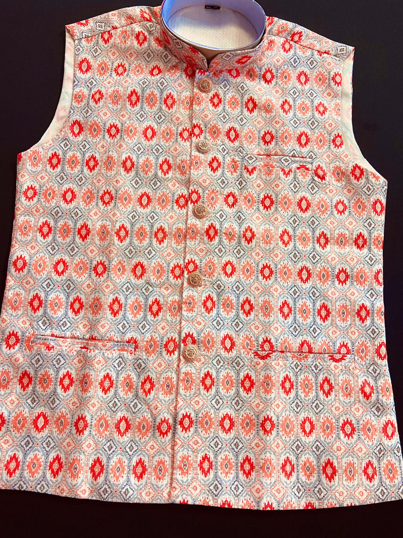 Designer Multi-Color Soft Silk Jacket with Sequence Work Nehru in Ikkat Prints  | Jacket for Kurta | Groomsmen Wedding Jacket for Kurta - Kaash Collection