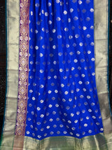 Royal Blue Soft Banarasi Silk Saree with Green Borders | Double Border Saree in Purple Color with Meenakari Work | Kaash Collection - Kaash Collection