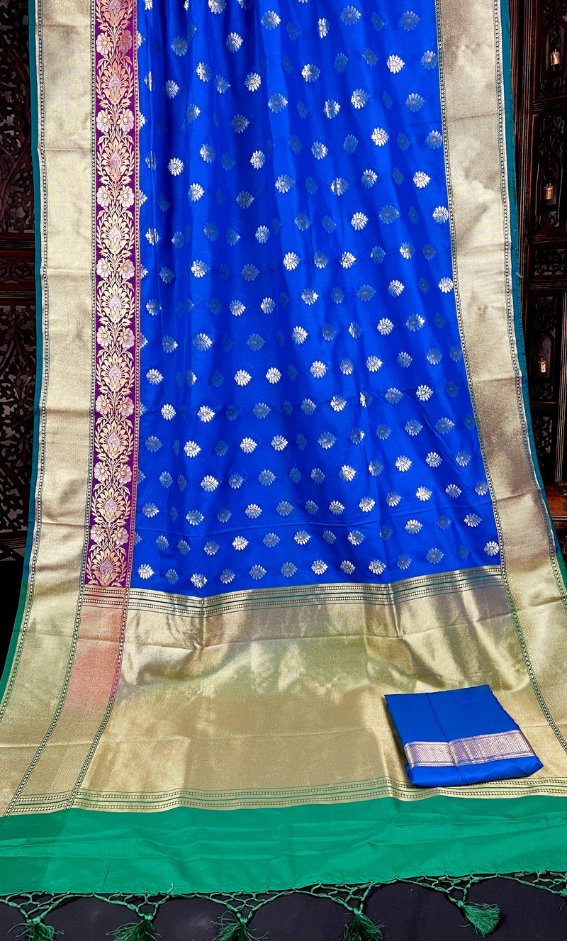 Royal Blue Soft Banarasi Silk Saree with Green Borders | Double Border Saree in Purple Color with Meenakari Work | Kaash Collection - Kaash Collection