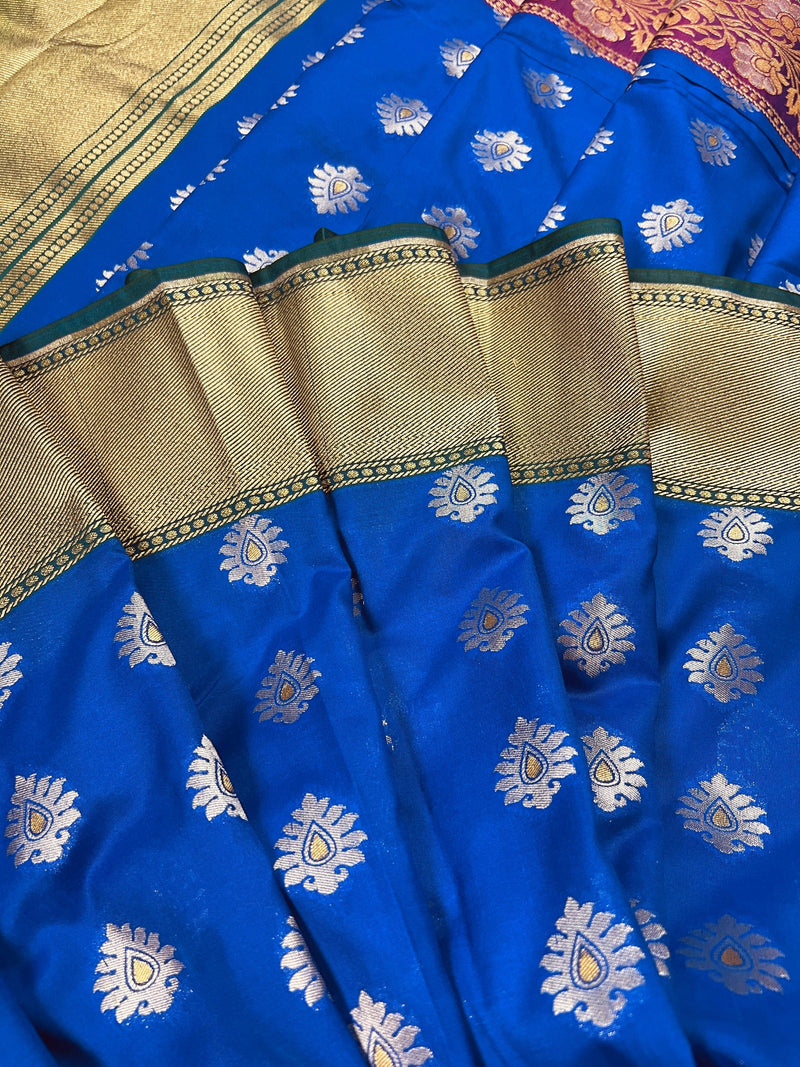 Royal Blue Soft Banarasi Silk Saree with Green Borders | Double Border Saree in Purple Color with Meenakari Work | Kaash Collection - Kaash Collection