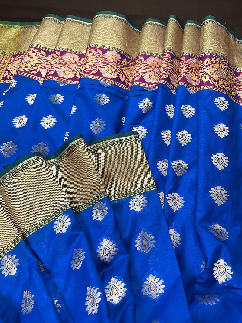 Royal Blue Soft Banarasi Silk Saree with Green Borders | Double Border Saree in Purple Color with Meenakari Work | Kaash Collection - Kaash Collection