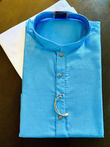 Dark Sky Blue Cotton Silk Mens Kurta Pajama Set| Mens Ethnic Wear | Cotton Kurta Pajama Sets in USA | Kaash Collection - Kaash Collection