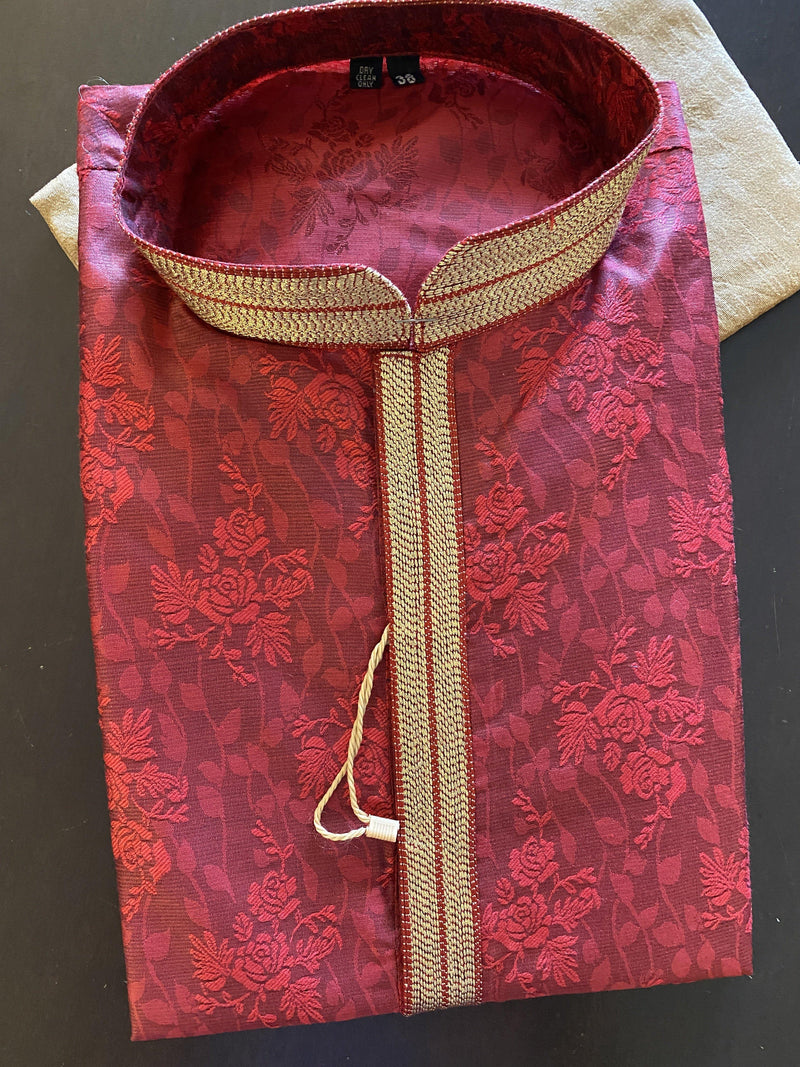 Maroon Red Silk Men Kurta Pajama in Floral Self Design Material | Mens Ethnic Wear | Mens Ethnic Wear | - Kaash Collection
