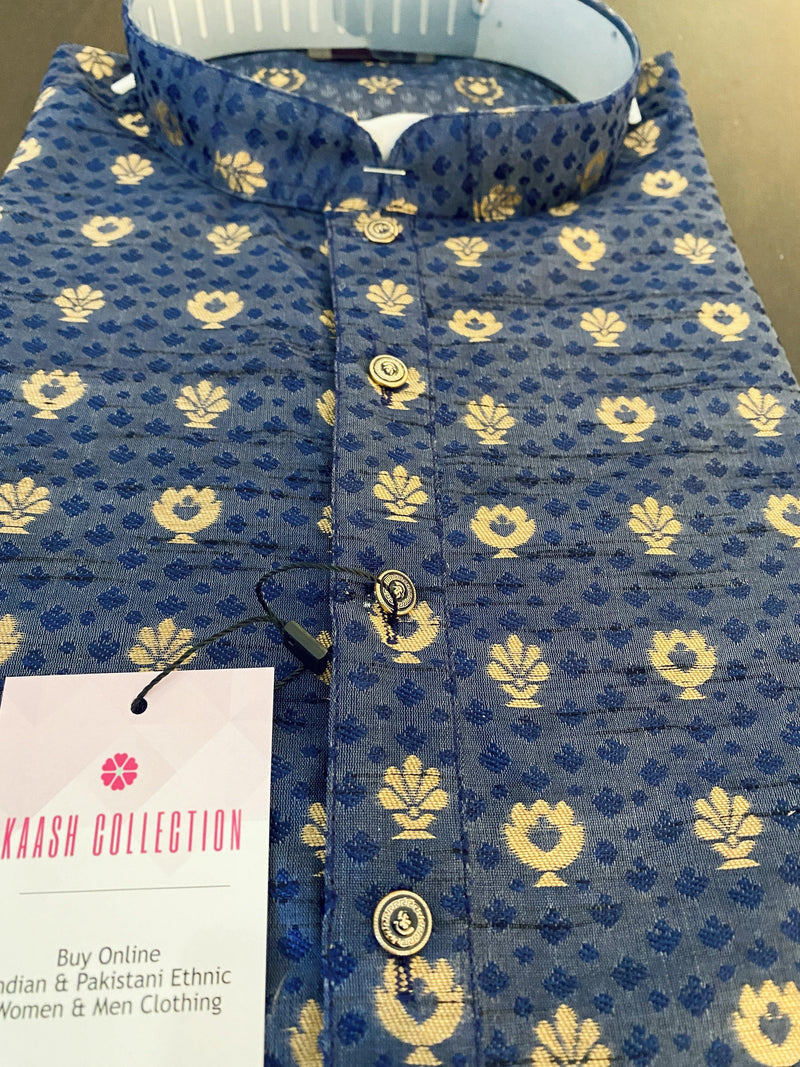Blue Cotton Silk Mens Kurta Pajama Set with Printed Design Pattern | Mens Ethnic Wear | Kaash Collection - Kaash Collection
