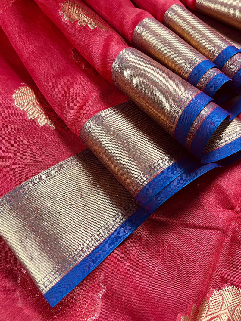 Ruby Red Soft Cotton Silk Saree with Buttas  | Zari Weaving buttas | Soft Cotton Silk with Banarasi Borders |  Gift for Her | Kaash - Kaash Collection