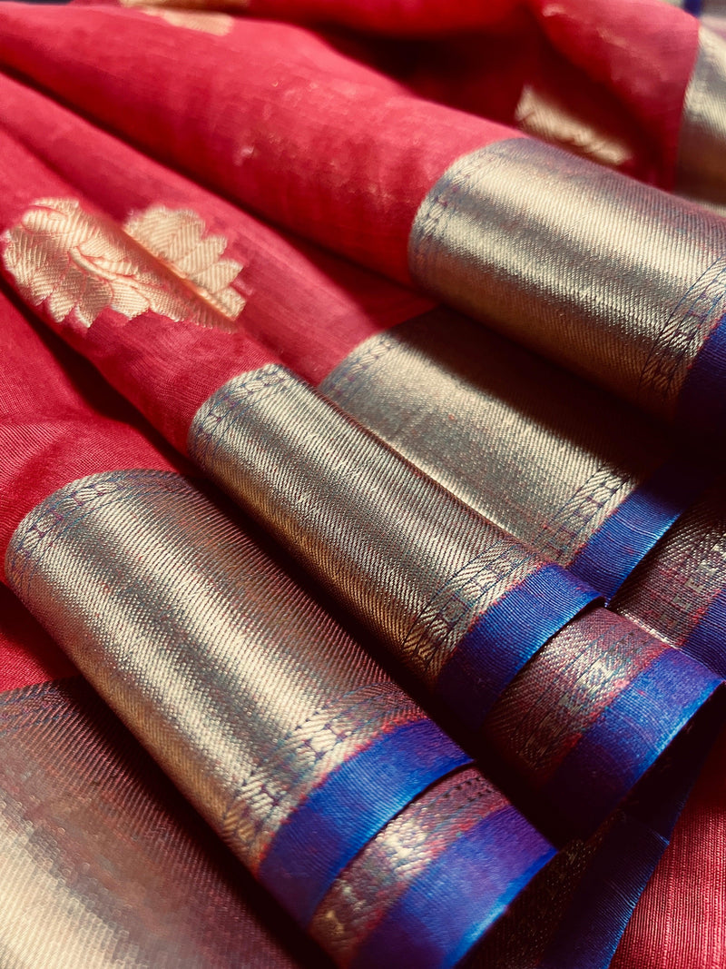 Ruby Red Soft Cotton Silk Saree with Buttas  | Zari Weaving buttas | Soft Cotton Silk with Banarasi Borders |  Gift for Her | Kaash - Kaash Collection