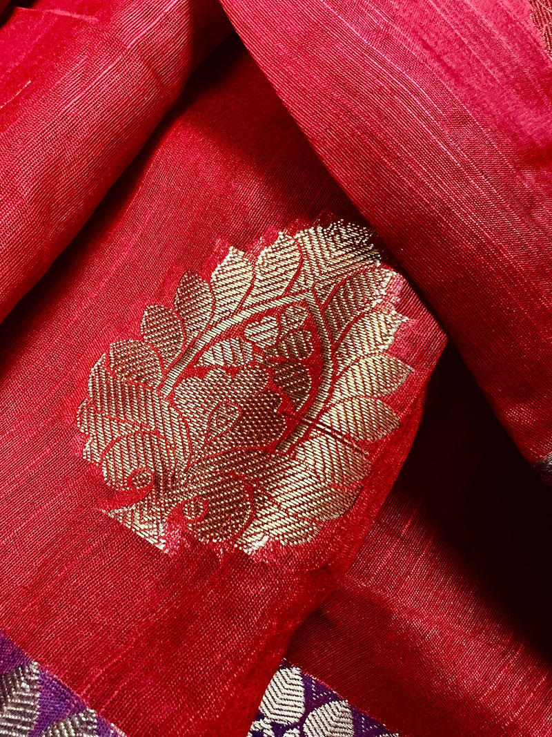 Ruby Red Soft Cotton Silk Saree with Buttas  | Zari Weaving buttas | Soft Cotton Silk with Banarasi Borders |  Gift for Her | Kaash - Kaash Collection