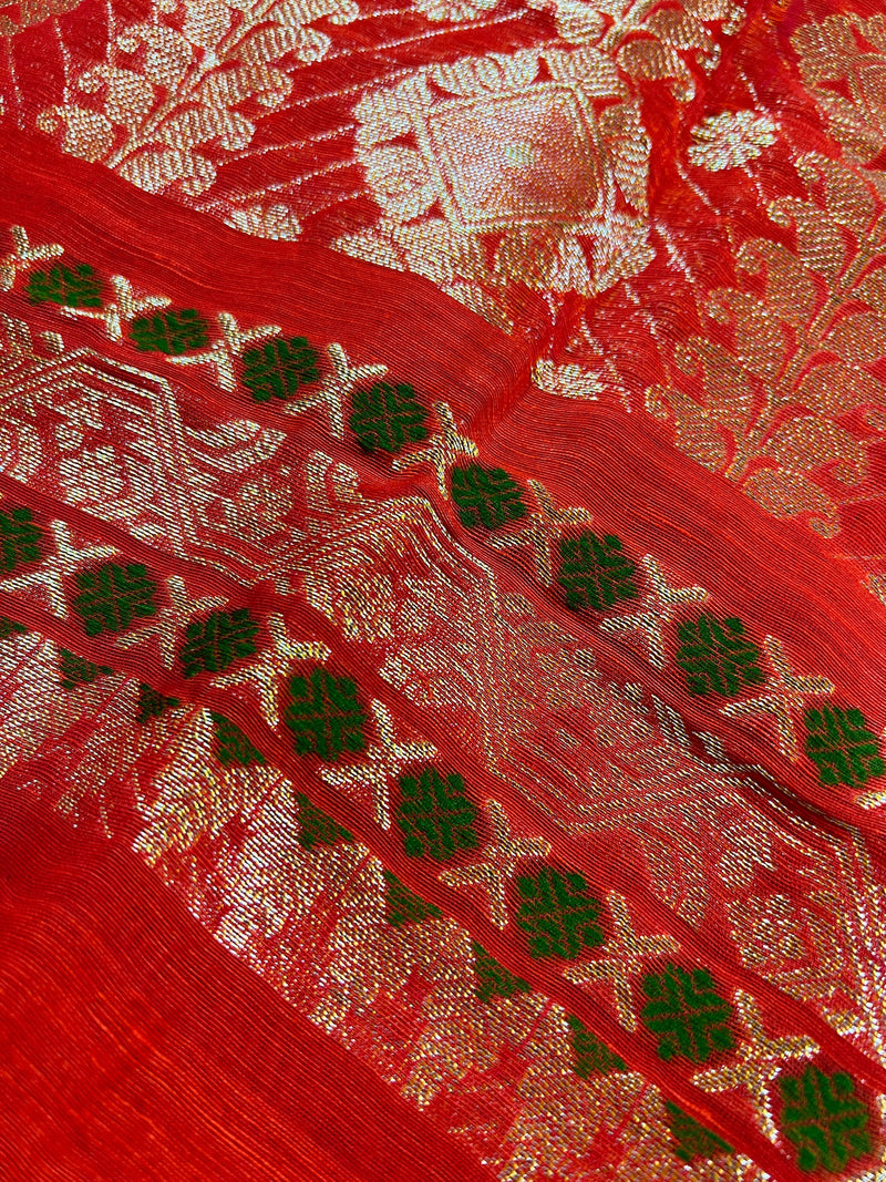 Red Color Linen Silk Handloom Saree with Meenakari Work | Linen Saree  | Handwoven Sarees | Gift for Her | Bengal Sarees | Kaash Collection - Kaash Collection
