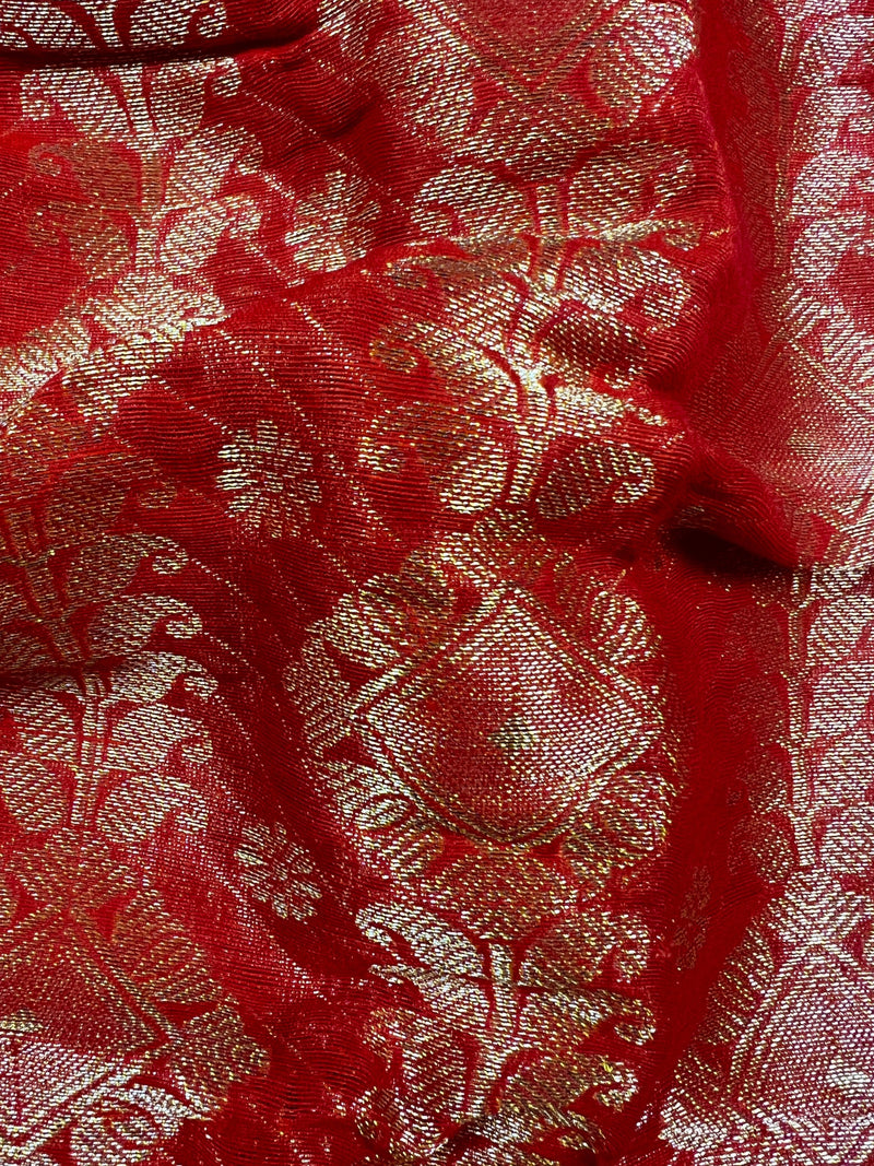 Red Color Linen Silk Handloom Saree with Meenakari Work | Linen Saree  | Handwoven Sarees | Gift for Her | Bengal Sarees | Kaash Collection - Kaash Collection