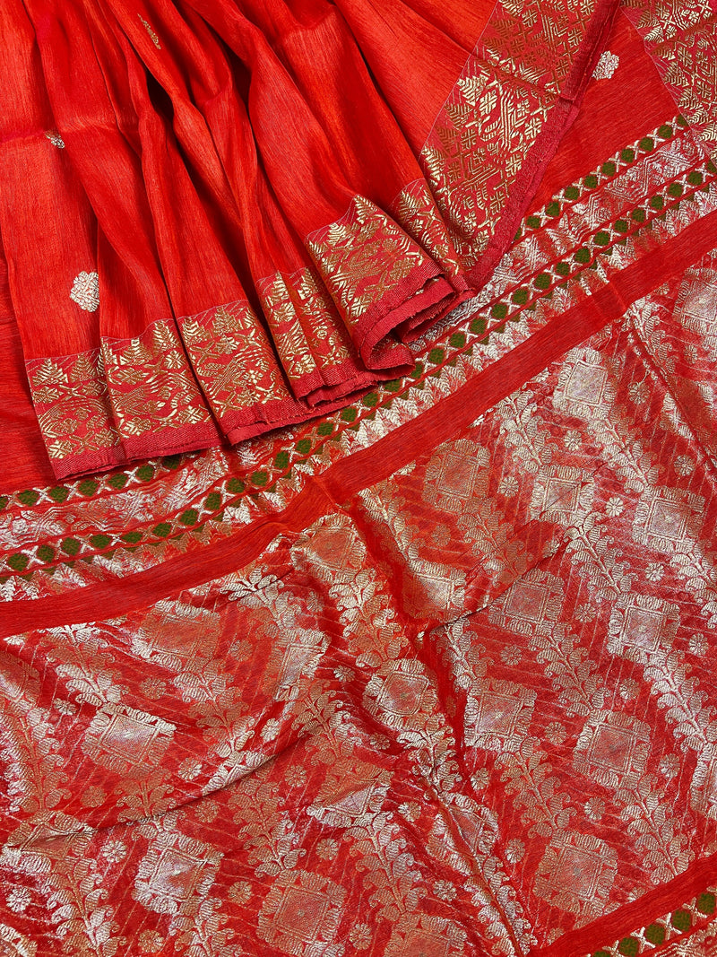 Red Color Linen Silk Handloom Saree with Meenakari Work | Linen Saree  | Handwoven Sarees | Gift for Her | Bengal Sarees | Kaash Collection - Kaash Collection