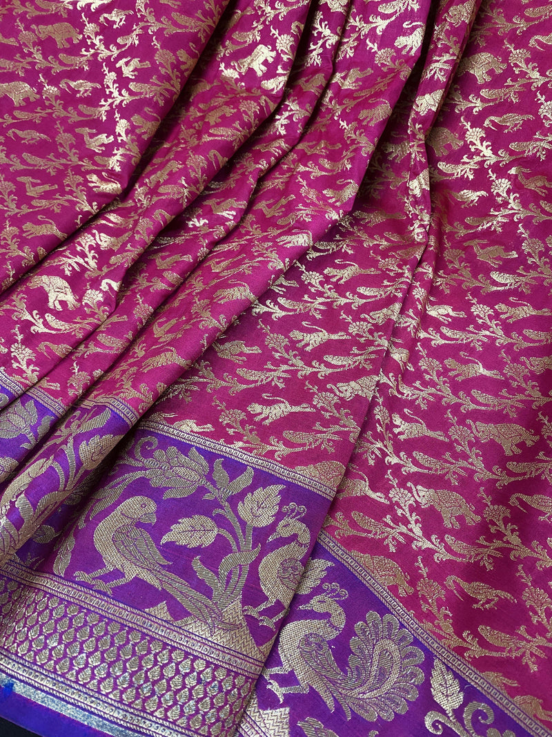 Magenta with Purple and Blue Color combination Banarasi Silk Shikargah Saree in Zari Weave Work | Shikargah Sarees | Kaash Collection - Kaash Collection