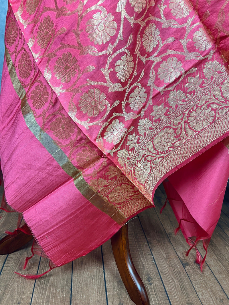 Pink Color Banarasi Silk Dupatta with Muted Gold Zari Weaved Dupatta  | Light Weight Dupatta| Benarasi Dupatta | Gift For Her | Kaash - Kaash Collection