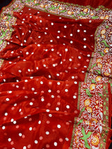 Red Parsi Gara Pure Kora Organza Saree with Polka Dots | Parsi Gara Saree | Red Color Saree | Kora Saree | Kaash Collection - Kaash Collection