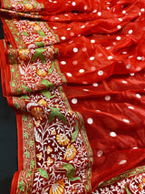 Red Parsi Gara Pure Kora Organza Saree with Polka Dots | Parsi Gara Saree | Red Color Saree | Kora Saree | Kaash Collection - Kaash Collection