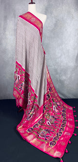 Rani Pink Soft Silk Saree with Patola Design  | Printed Lehariya Patola design with Elephant Motifs | Soft Silk Sarees | Kaash Collection - Kaash Collection