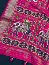 Rani Pink Soft Silk Saree with Patola Design  | Printed Lehariya Patola design with Elephant Motifs | Soft Silk Sarees | Kaash Collection - Kaash Collection