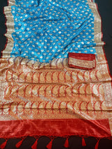 Banarasi Tanchoi Silk Handloom Saree in Sky Blue and Red color | Zari Weaving with Motifs | Tanchoi Silk Saree | Kaash Collection - Kaash Collection