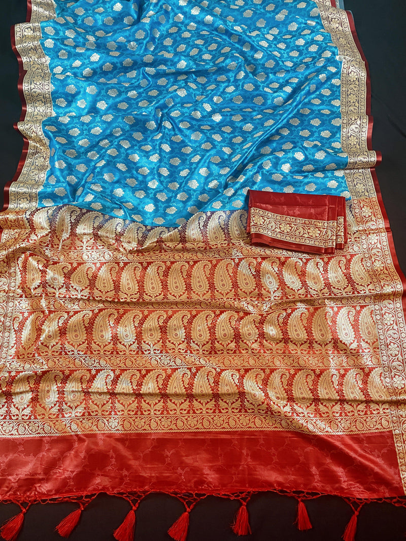 Banarasi Tanchoi Silk Handloom Saree in Sky Blue and Red color | Zari Weaving with Motifs | Tanchoi Silk Saree | Kaash Collection - Kaash Collection