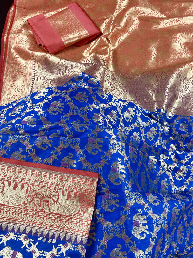Royal Blue with Peach Traditional Banarasi Handloom Semi Silk Saree with Elephant and Horse Motifs  | Banarasi Silk Saree | Kaash Collection - Kaash Collection