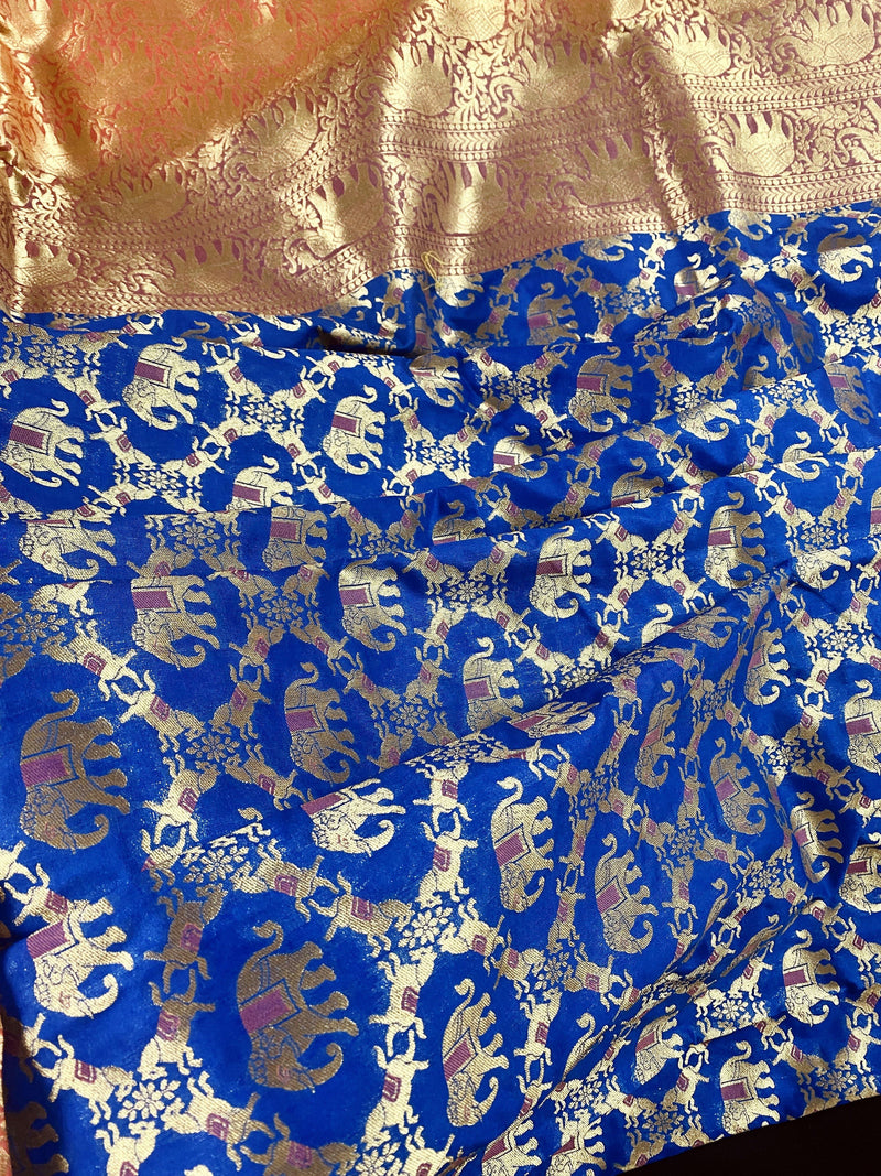 Royal Blue with Peach Traditional Banarasi Handloom Semi Silk Saree with Elephant and Horse Motifs  | Banarasi Silk Saree | Kaash Collection - Kaash Collection